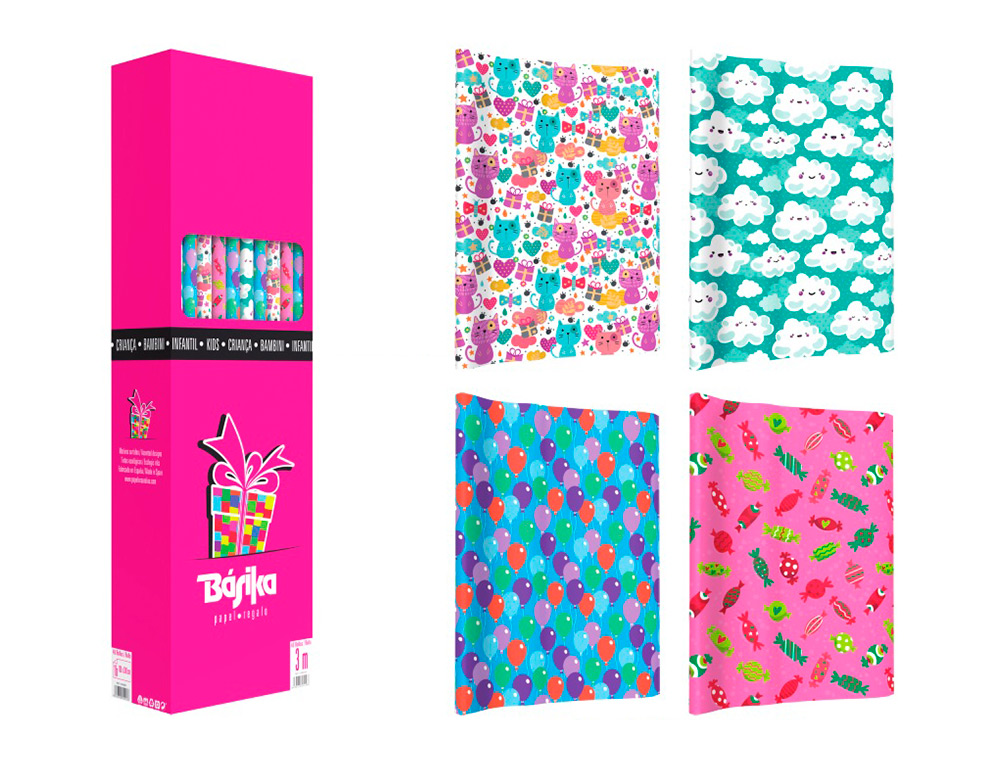 PAPEL DE REGALO BASIKA INFANTIL ROLLO ANCHO 1 M LONGITUD 3 MT DISEÑOS SURTIDOS