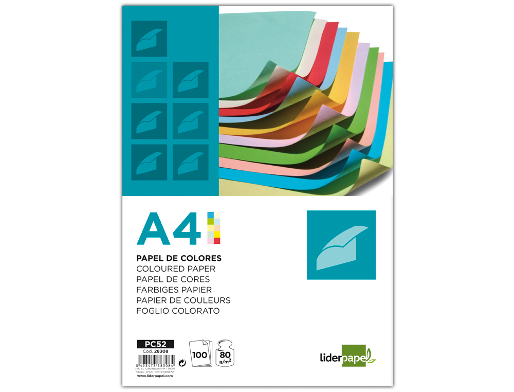 PAPEL COLOR LIDERPAPEL A4 80GR 10 COLORES SURTIDOS PAQUETE DE 100 HOJAS
