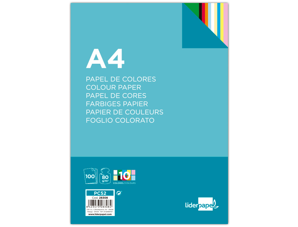 PAPEL COLOR LIDERPAPEL A4 80GR 10 COLORES SURTIDOS PAQUETE DE 100 HOJAS